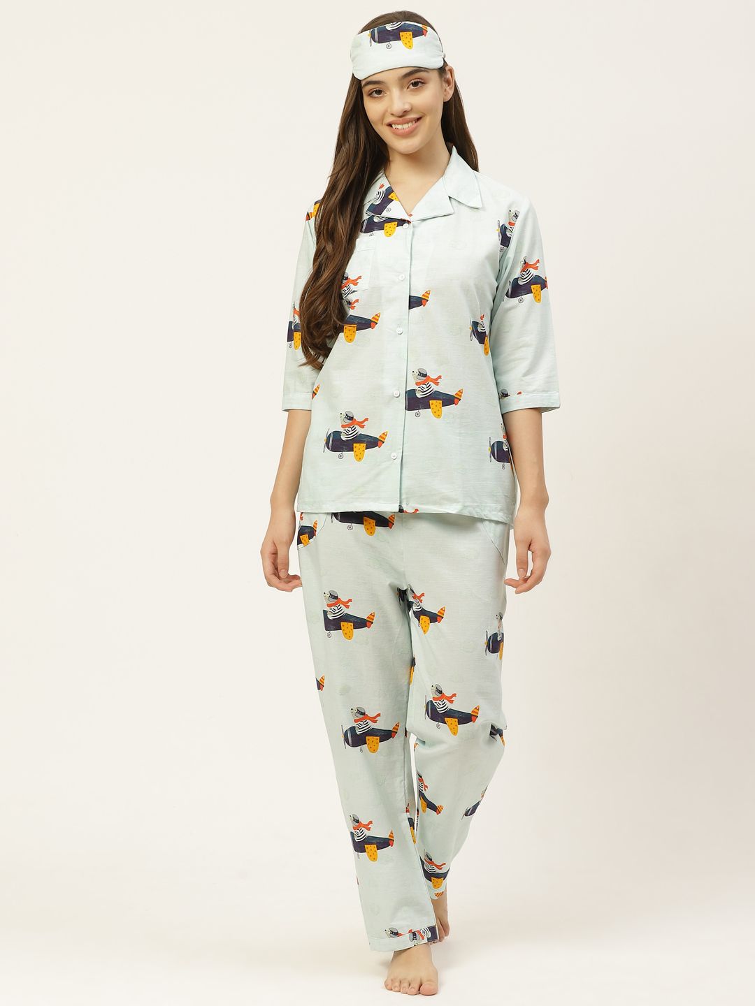 Rapra The Label Women Sea Green & Orange Quirky Print Pure Cotton Night Suit With Eye Mask Price in India