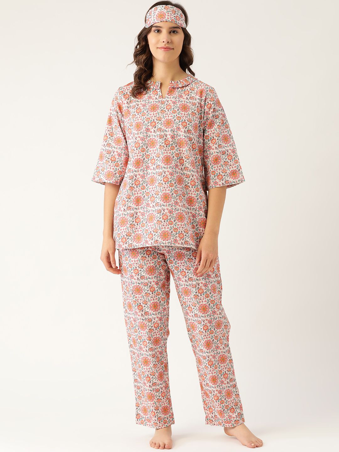 Rapra The Label Women White & Pink Cotton Floral Printed Night suit With An Eye Mask Price in India