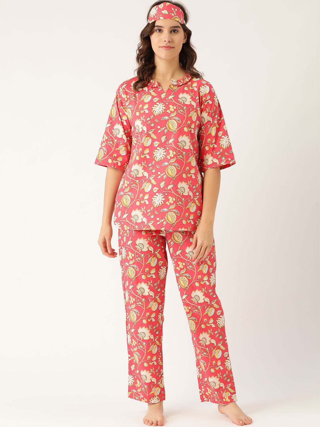 Rapra The Label Women Red & Mustard Yellow Printed Cotton Night suit & Eye Mask Price in India