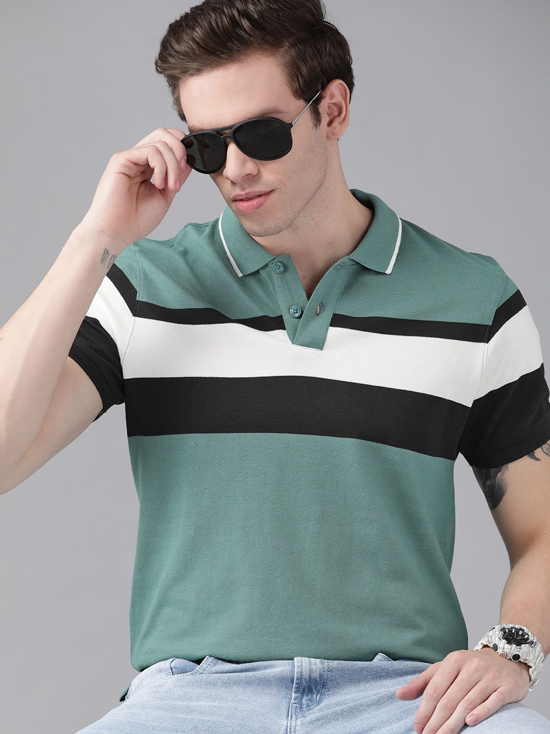 Roadster Men Teal Green & White Colourblocked Polo Collar Pure Cotton T-shirt