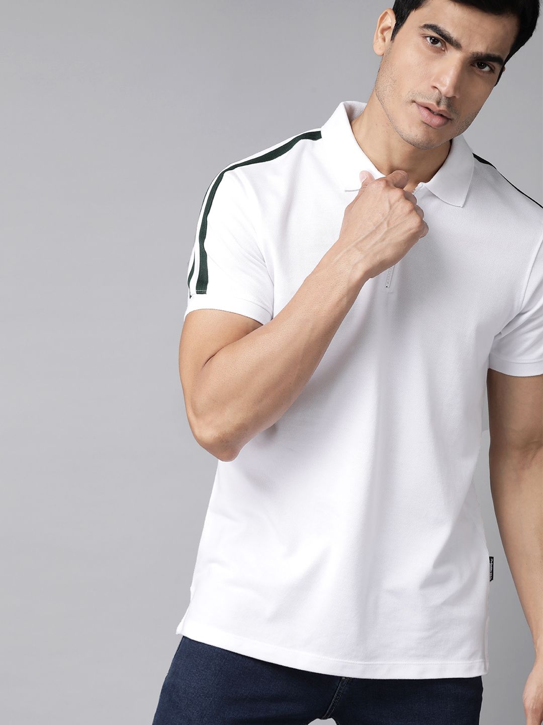 Roadster Men White  Cotton Solid Spread Collar T-shirt
