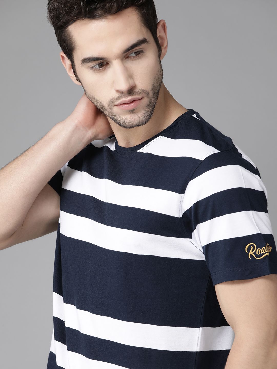 The Roadster Lifestyle Co Men White Pure Cotton Striped Round Neck Pure Cotton T-shirt
