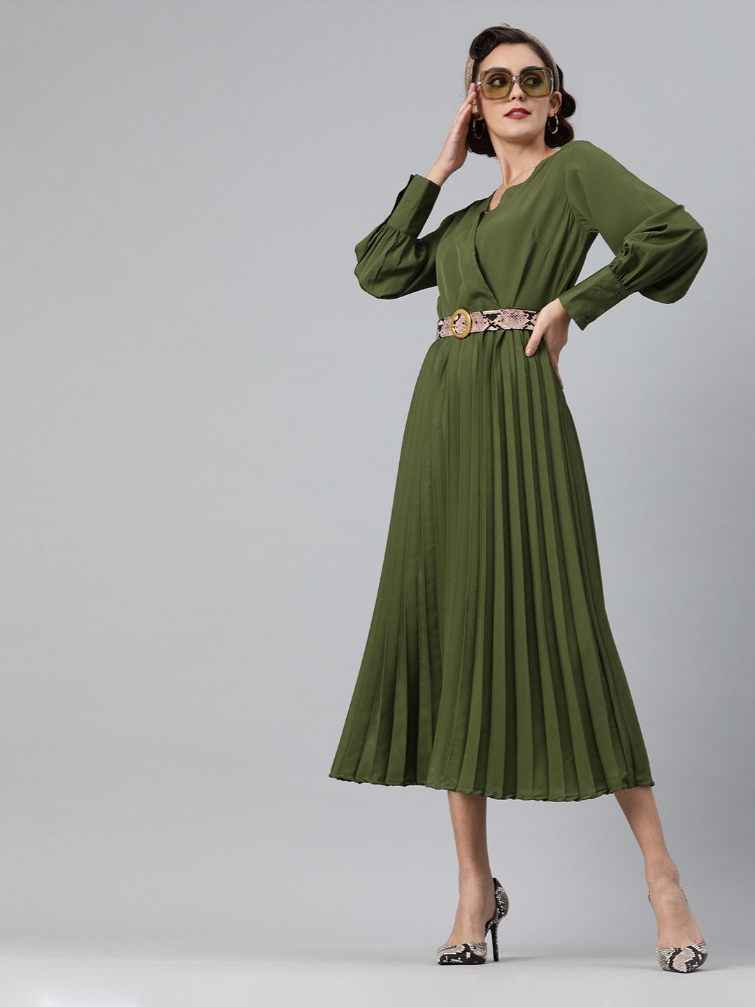 plusS Women Olive Green Solid Accordion Pleated Wrap Dress Price in India