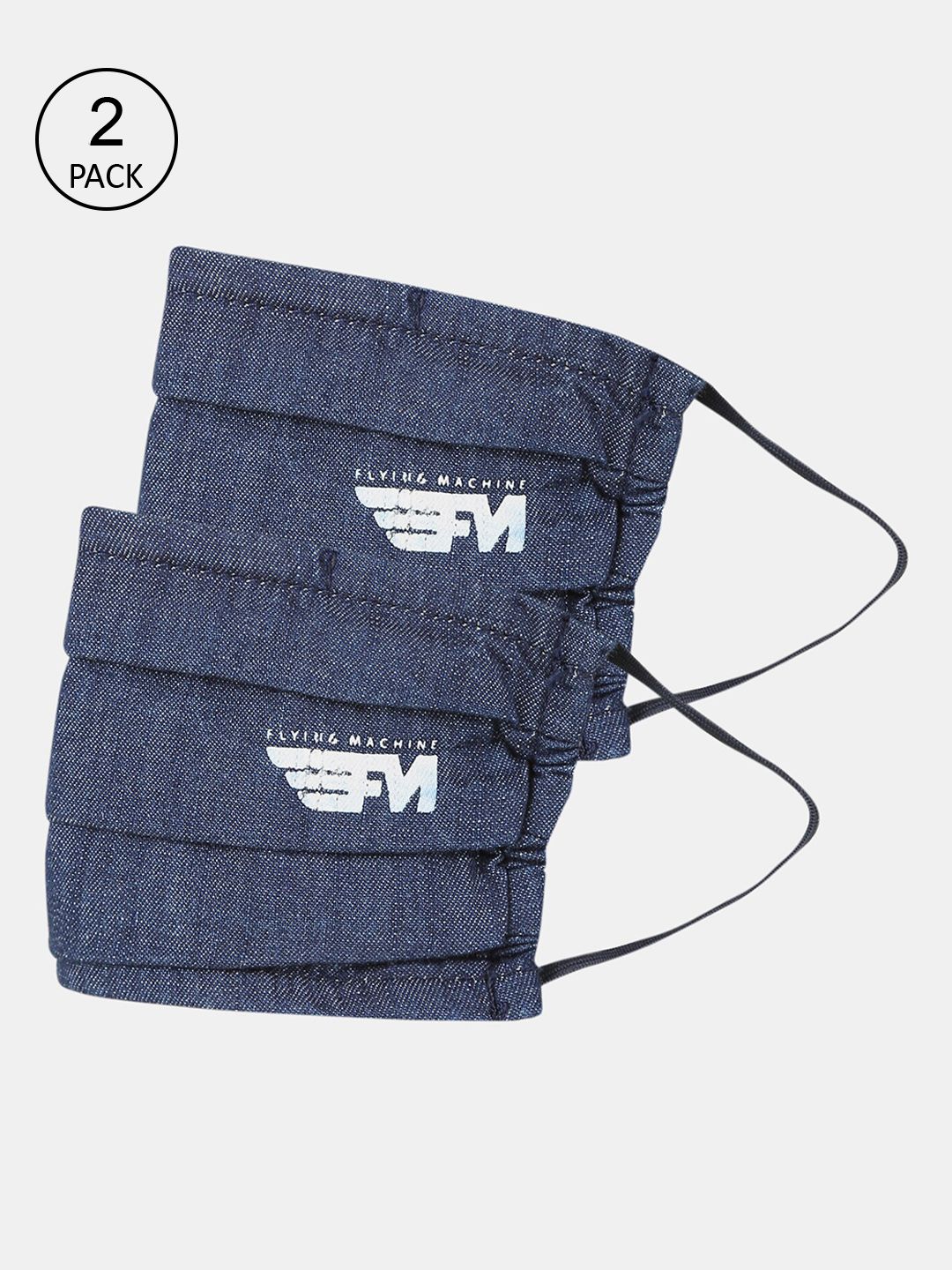 Flying Machine Unisex Pack Of 2 Blue & White Solid 3-Ply Reusable Denim Cloth Masks Price in India
