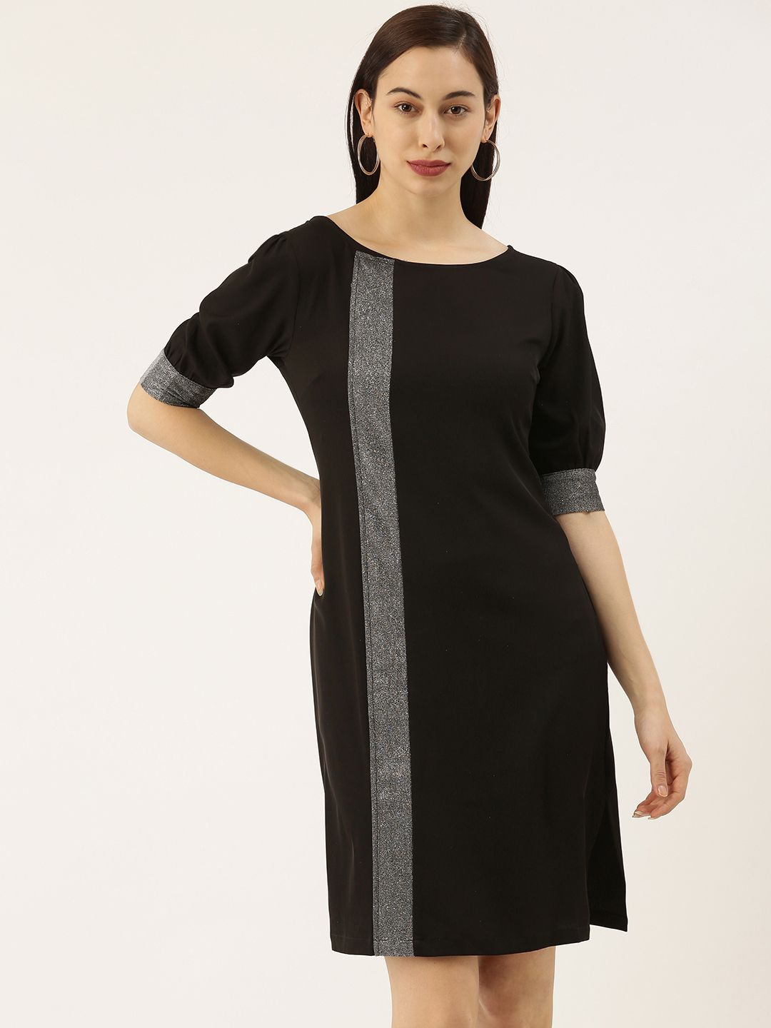 SHECZZAR Women Black Solid A-Line Dress with Stripe Detail