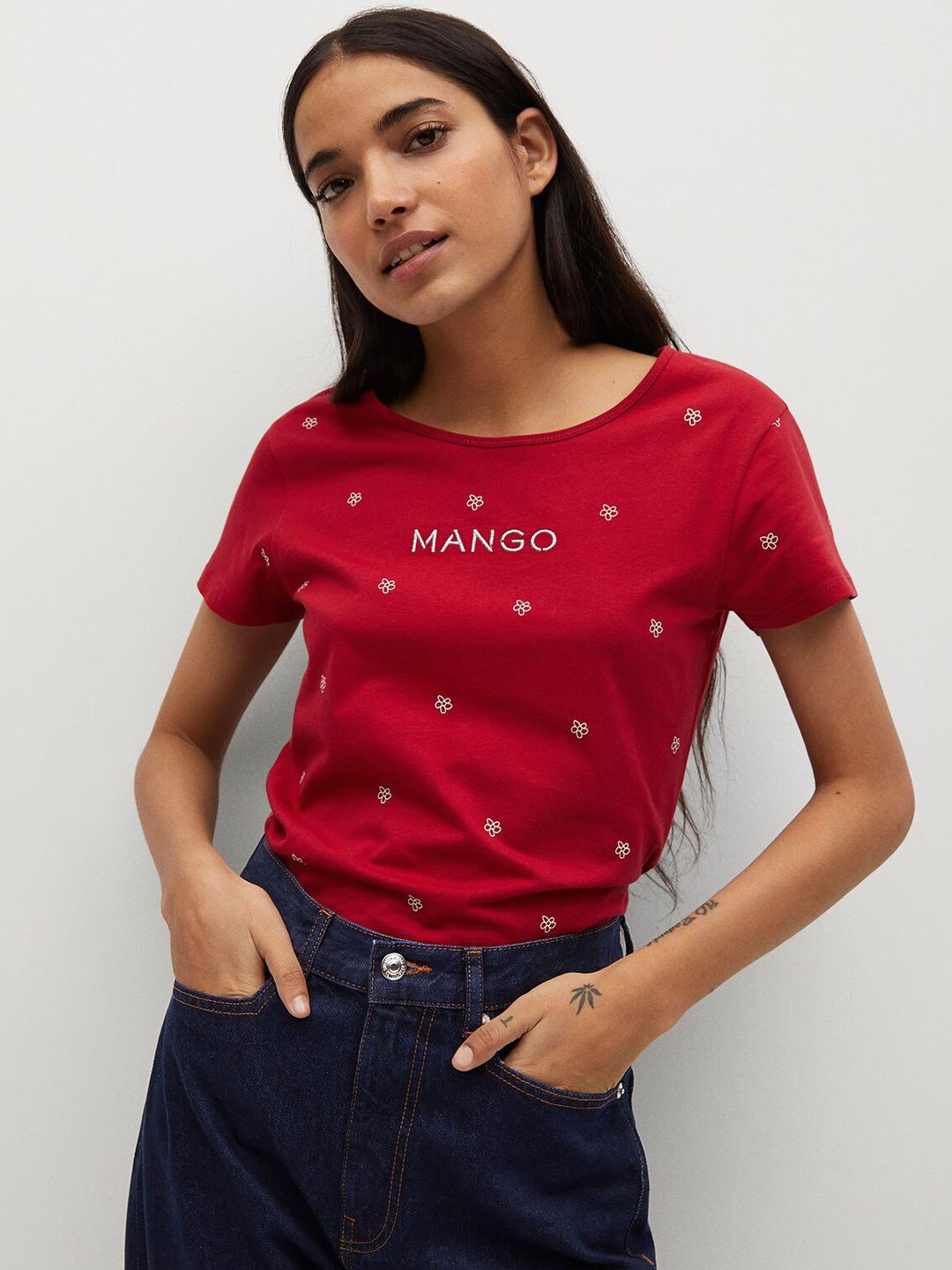 MANGO Women Red Sustainable Organic Cotton Printed Round Neck T-shirt