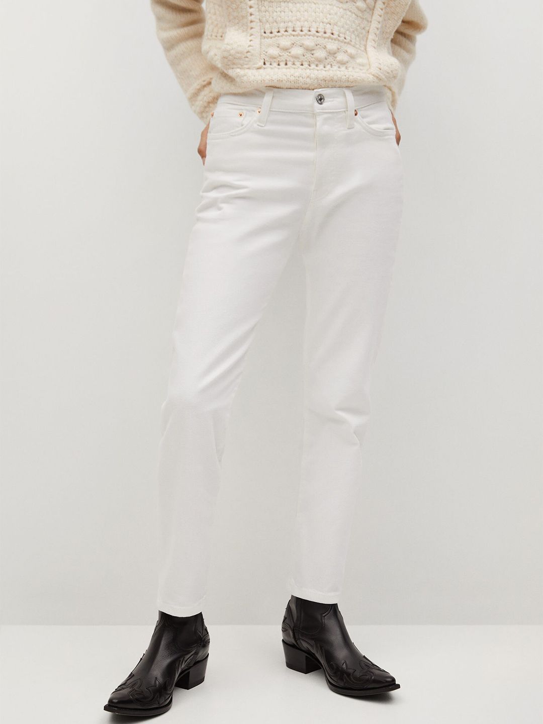 MANGO Women Sustainable White Mar Straight Fit Ecowash Mid-Rise Stretchable Jeans Price in India