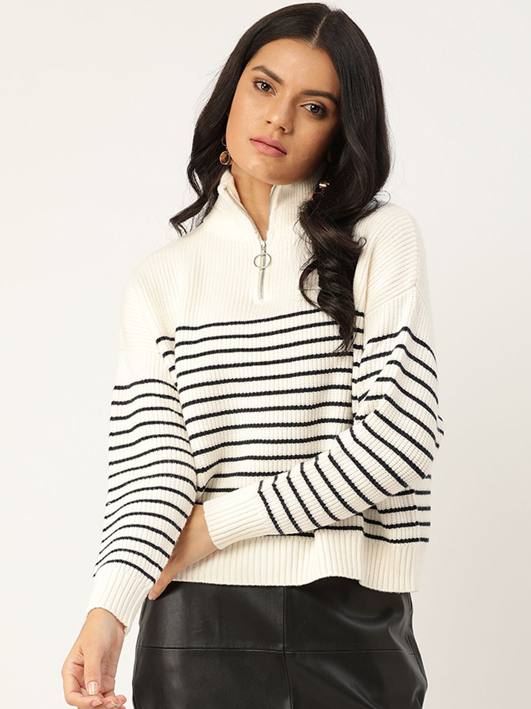 MANGO Women White & Black Striped Pullover with Zip Detail Price in India