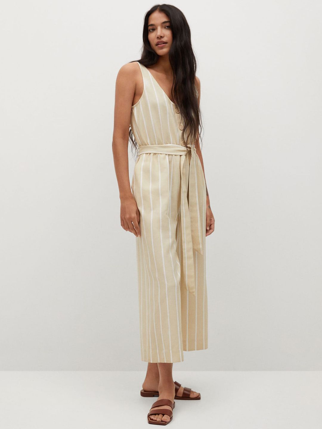 MANGO Women Beige & White Sustainable Striped Culotte Jumpsuit Price in India