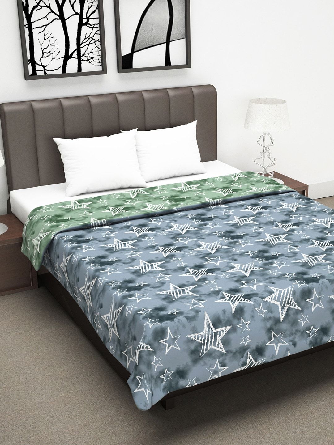 Divine Casa Green & Grey Geometric AC Room 110 GSM Double Bed Dohar Price in India