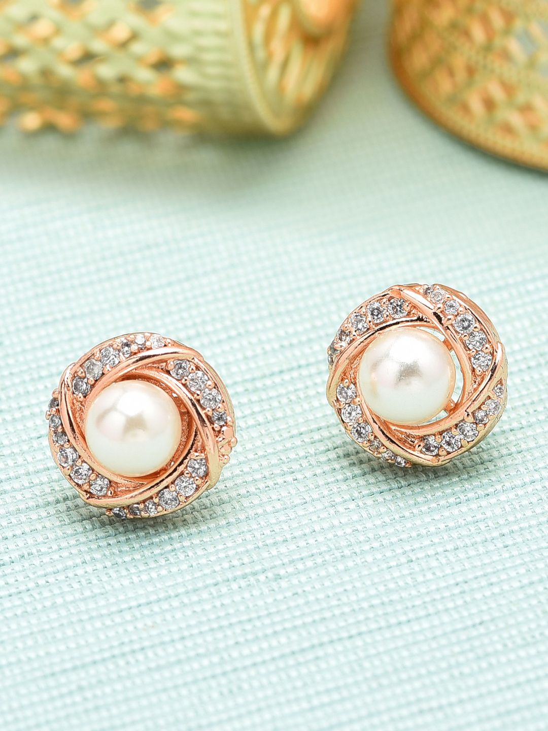 Zaveri Pearls White Rose Gold-Plated Cubic Zirconia Contemporary Studs Price in India