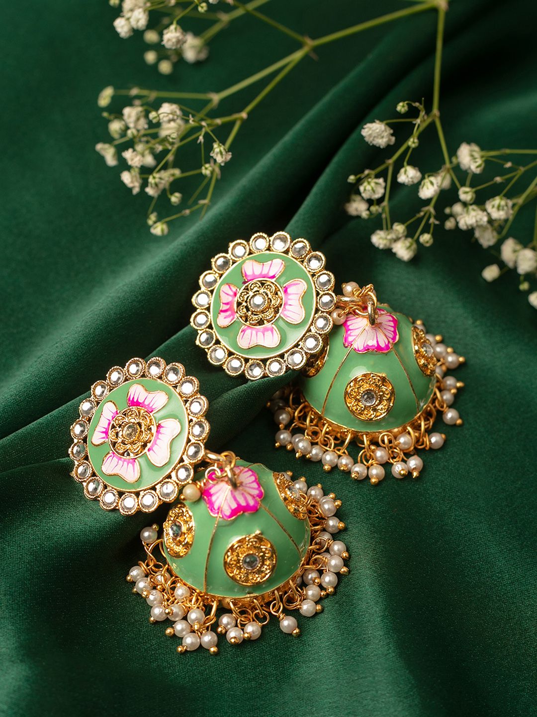 Zaveri Pearls Green Gold-Plated Studded Meenakari Dome Shaped Jhumkas Price in India