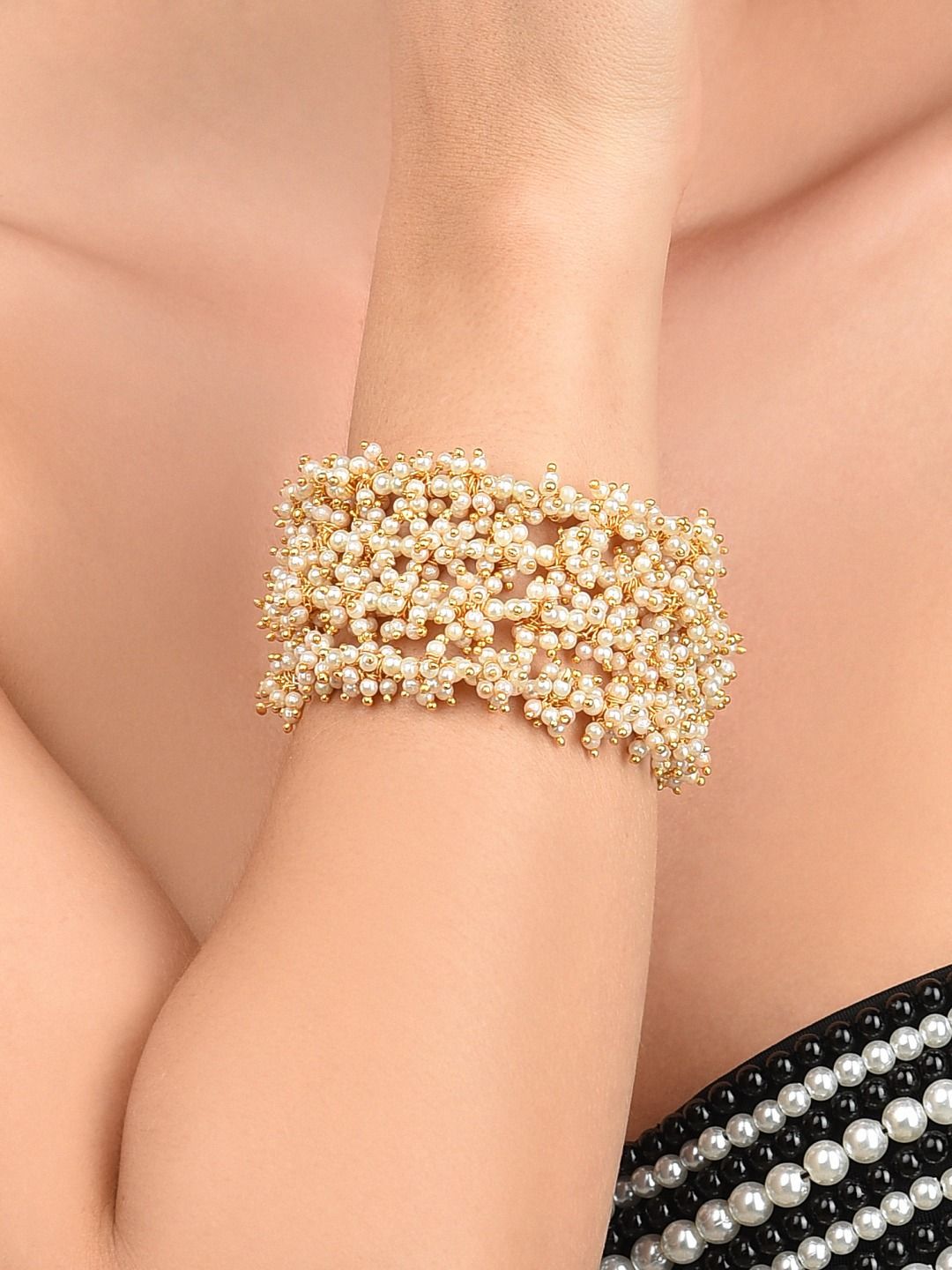 Zaveri Pearls Gold-Plated Clustered Pearls Cuff Bracelet Price in India