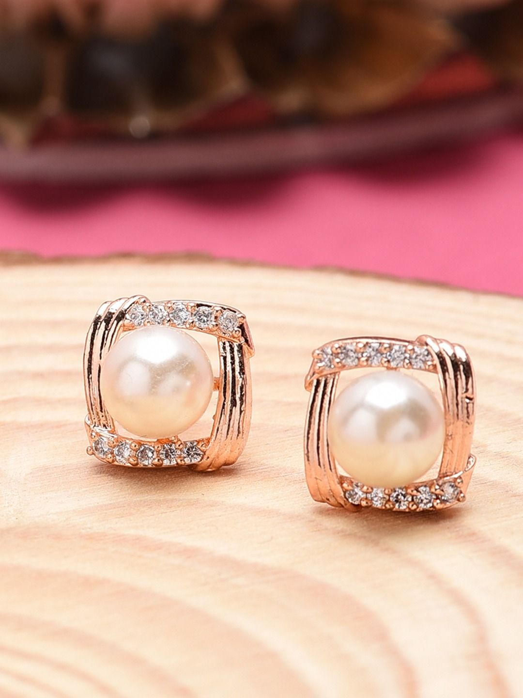 Zaveri Pearls White Rose Gold-Plated Cubic Zirconia Square Studs Price in India