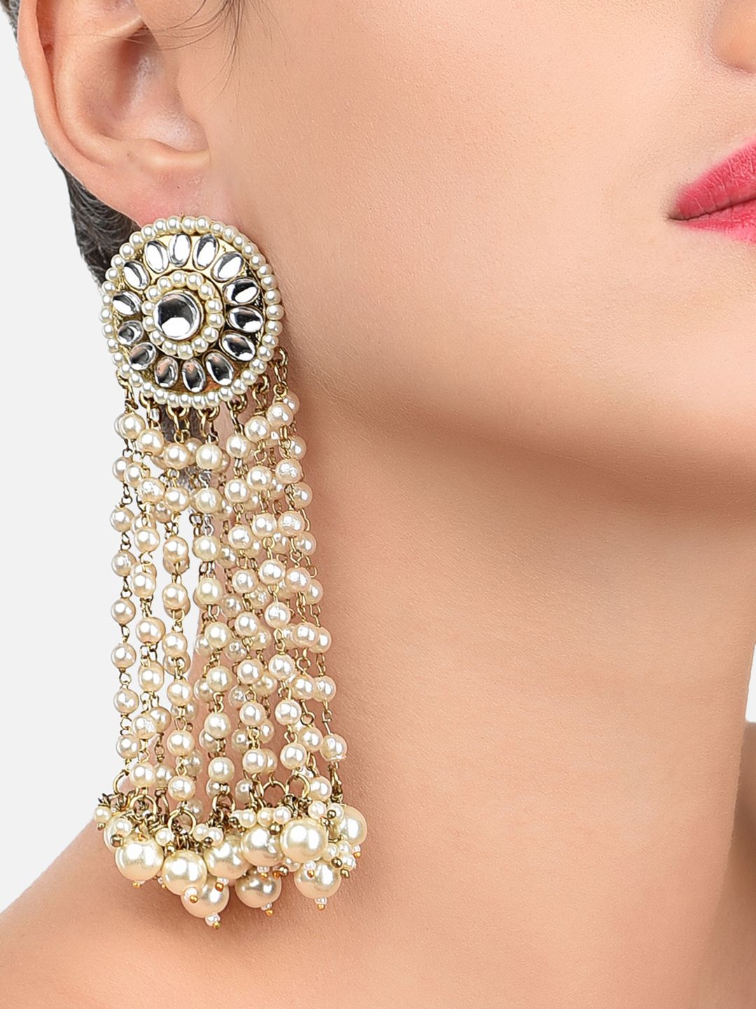 Zaveri Pearls Gold-Plated & White Circular Drop Earrings Price in India