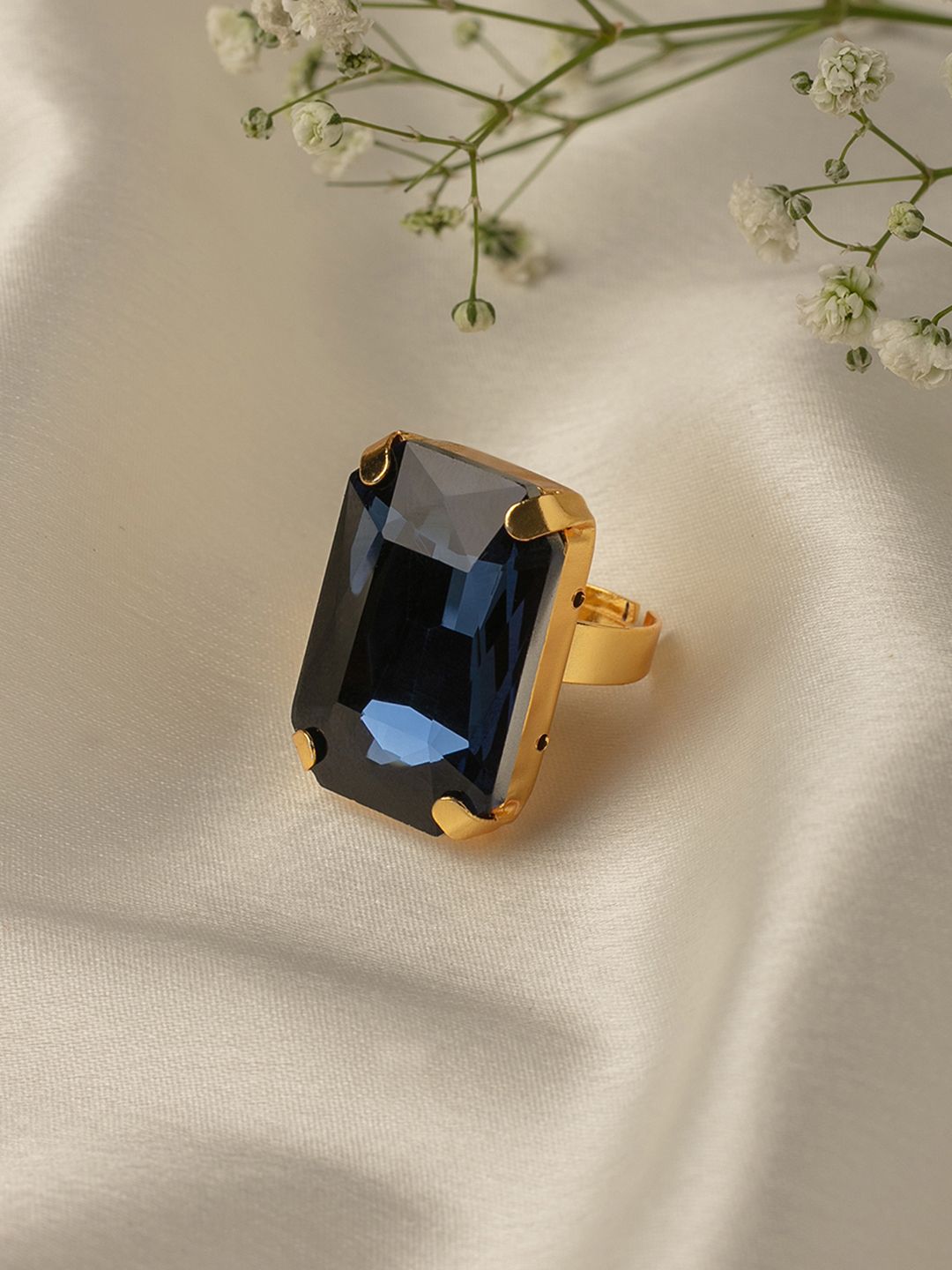 Zaveri Pearls Navy Blue Gold-Plated Crystal Studded Rectangular Adjustable Finger Ring Price in India