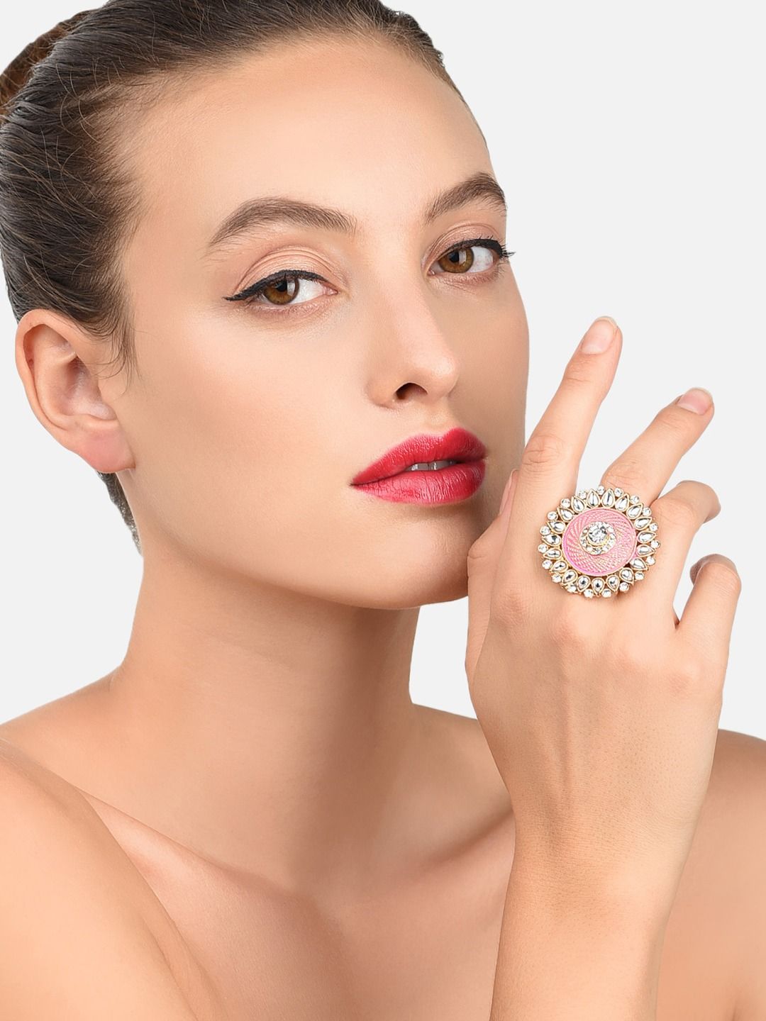 Zaveri Pearls Pink Meenakari Kundan Adjustable Finger Ring Price in India