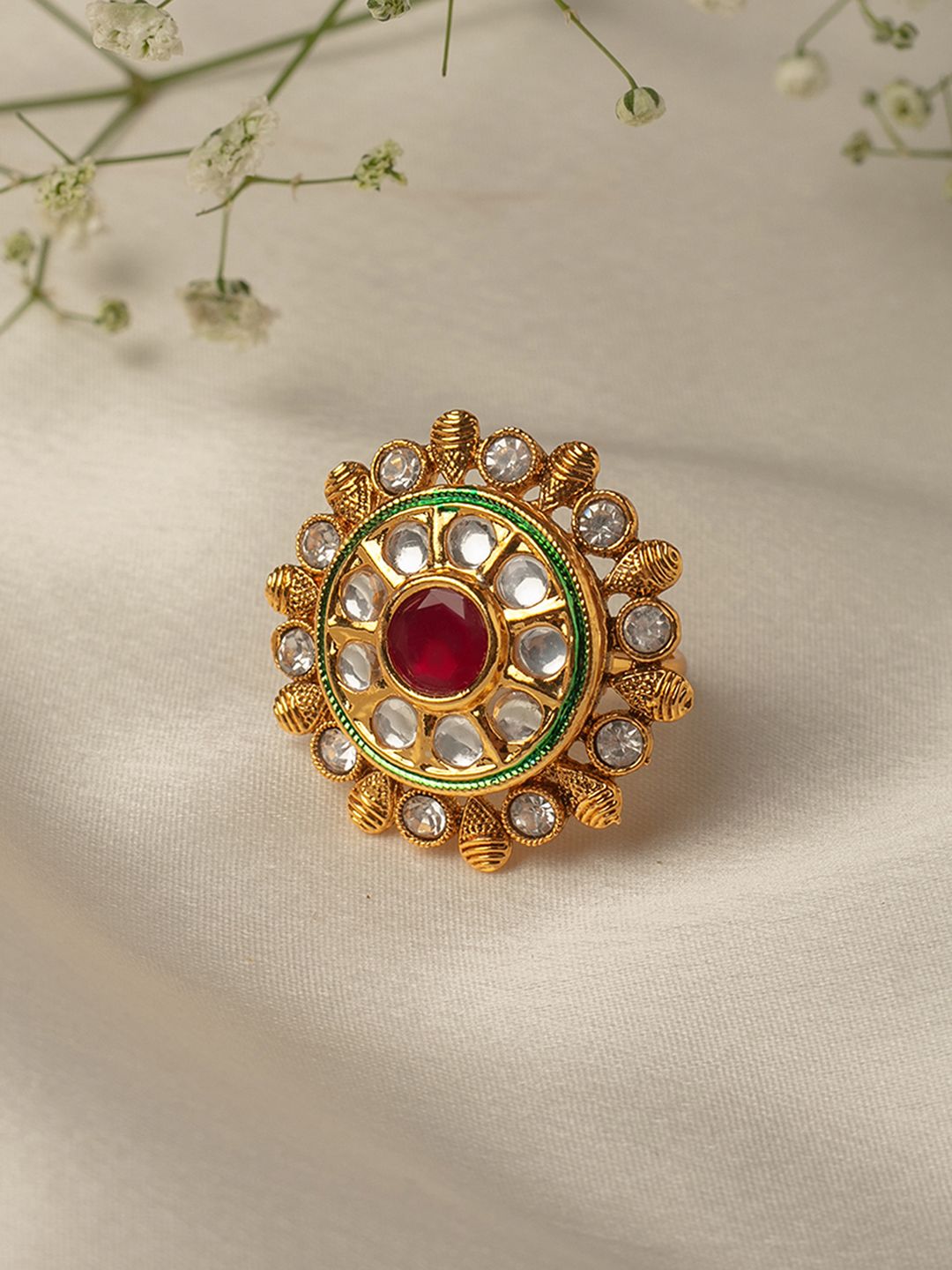 Zaveri Pearls Pink Gold-Plated Kundan Wedding Collection Adjustable Finger Ring Price in India