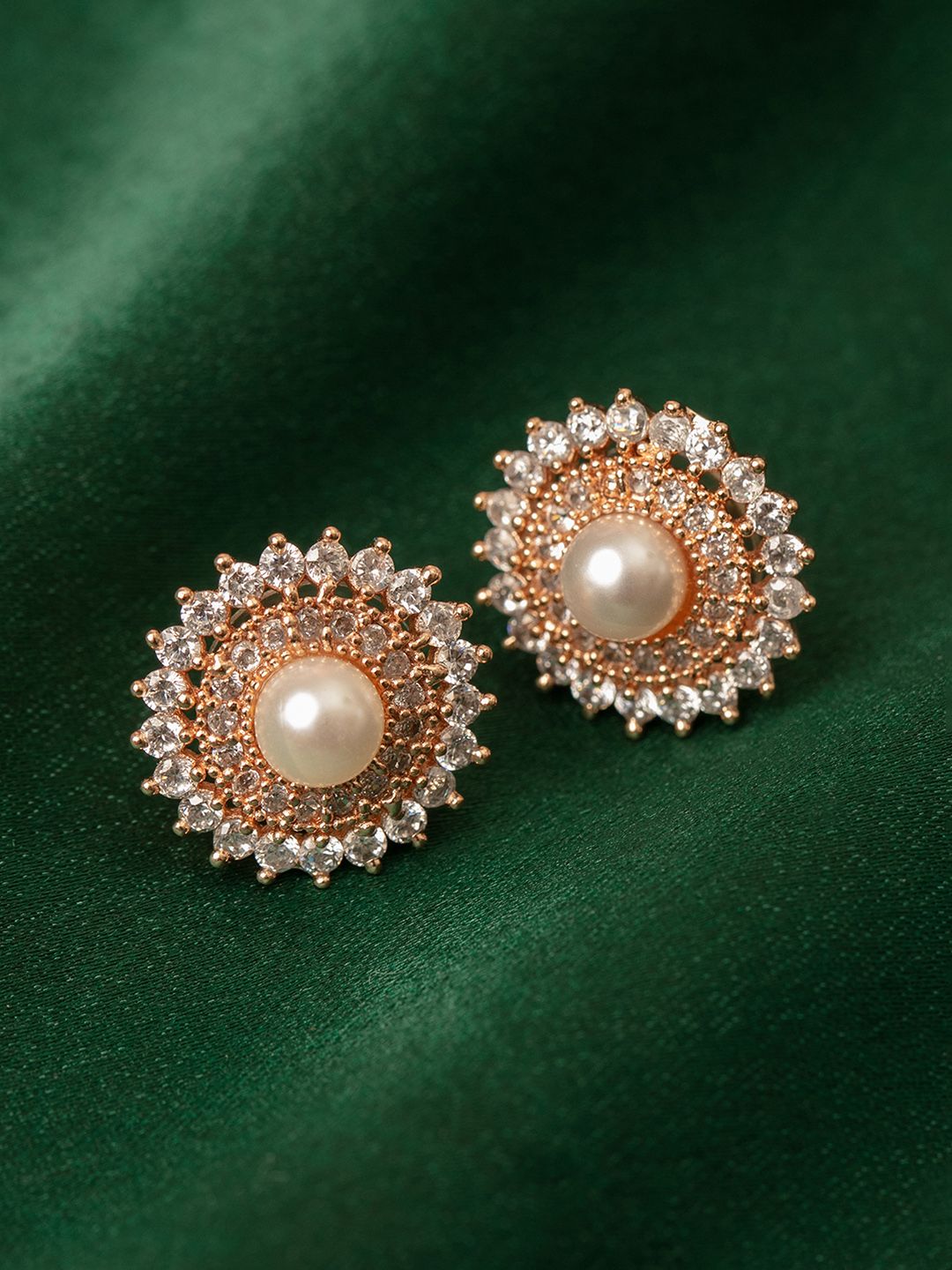 Zaveri Pearls White Rose Gold-Plated Cubic Zirconia Circular Studs Price in India