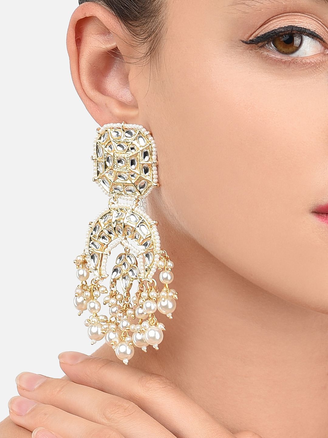 Zaveri Pearls White Gold-Plated Studded Crescent Shaped Drop Earrings Price in India