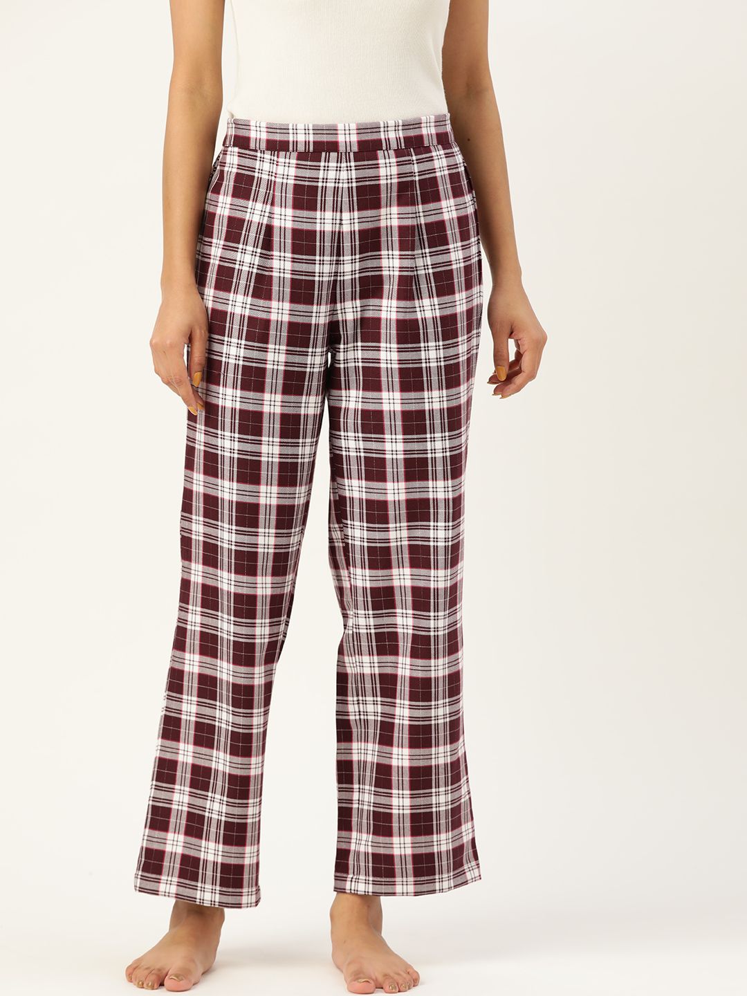 ETC Women Maroon & White Checked Pure Cotton Lounge Pants Price in India