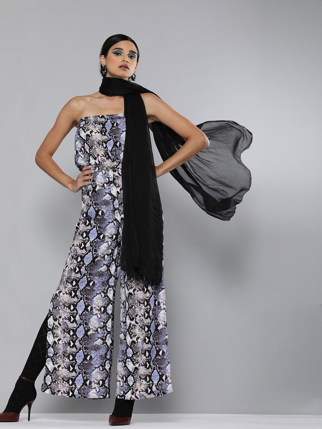 SASSAFRAS Women Blue & Black Python Print Tube Jumpsuit Price in India