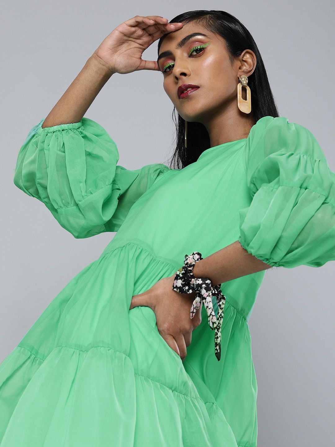 SASSAFRAS Women Green Solid Tiered Puff Sleeves A-Line Dress Price in India