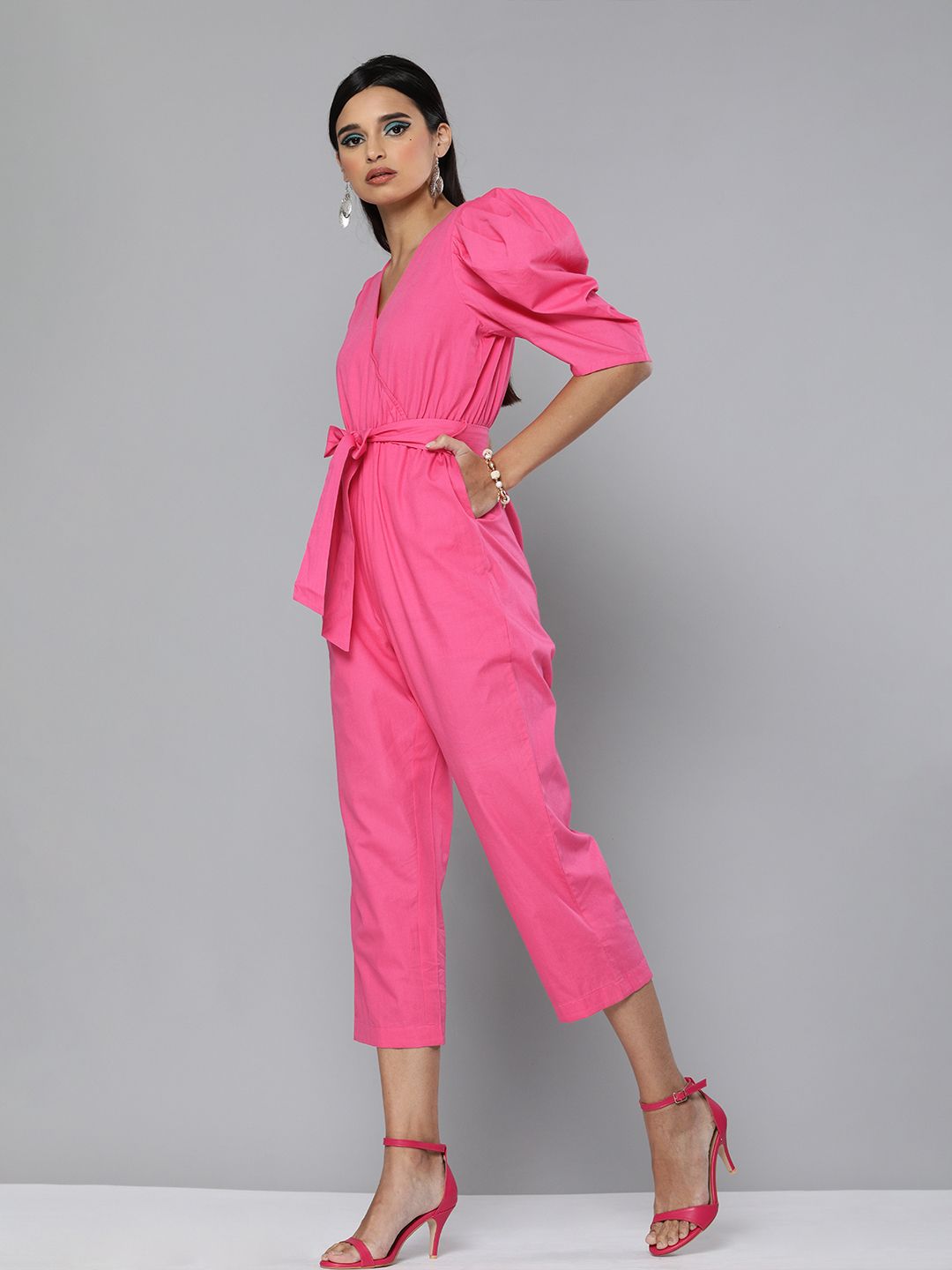 SASSAFRAS Women Pink Pure Cotton Solid Capri Jumpsuit with Belt Price in India