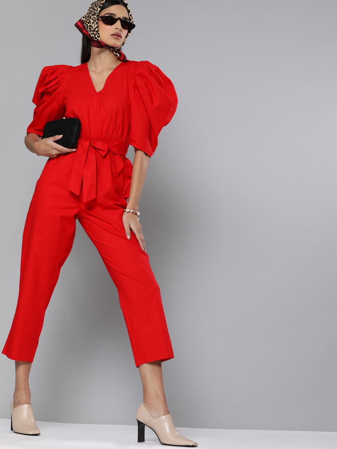 SASSAFRAS Women Red Pure Cotton Solid Capri Jumpsuit with Belt Price in India