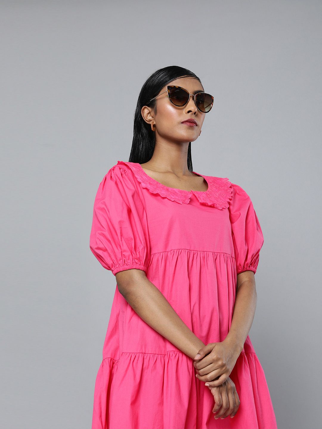 SASSAFRAS Women Fuchsia Solid Tiered Puff Sleeves A-Line Dress With Embroidery Price in India