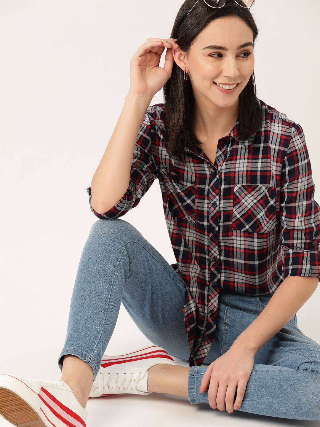 DressBerry Women Navy Blue & Red Regular Fit Checked Casual Sustainable ECOVERO Shirt Price in India