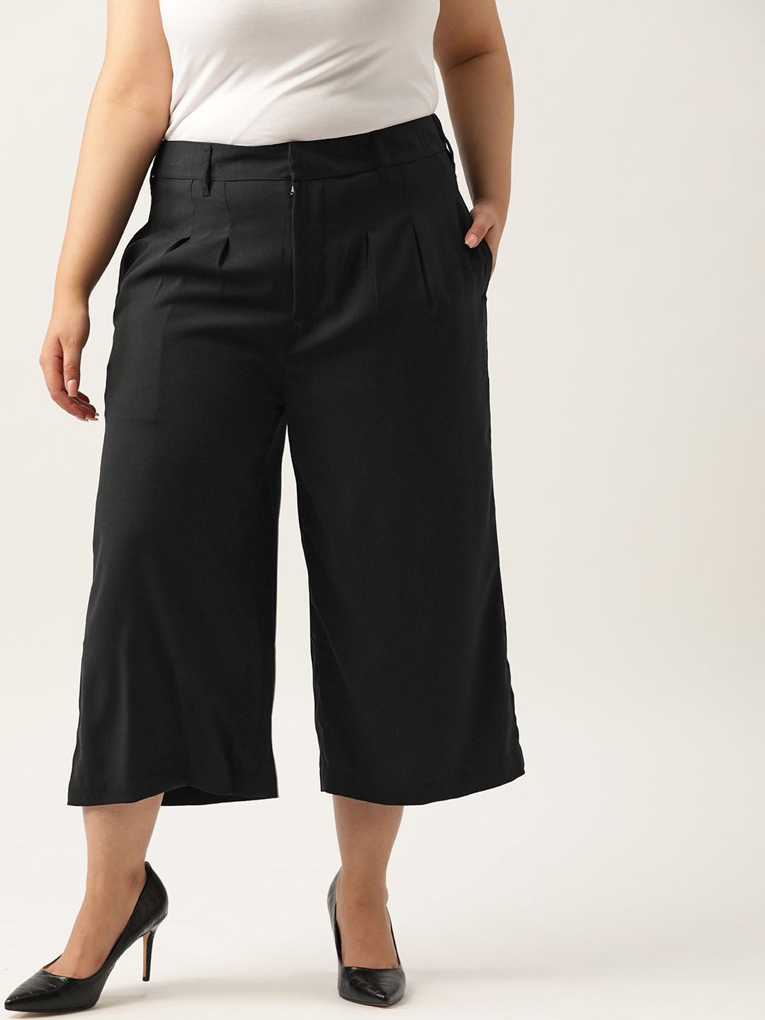 Sztori Women Plus Size Black Solid Regular Fit Culottes