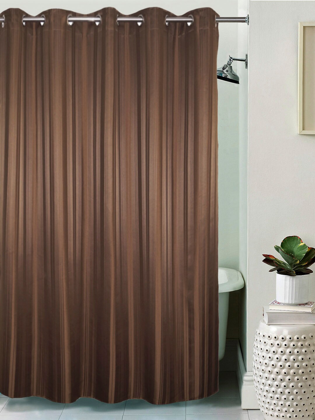 Lushomes Brown Striped Uni-Dyed Designer Shower Curtain Price in India