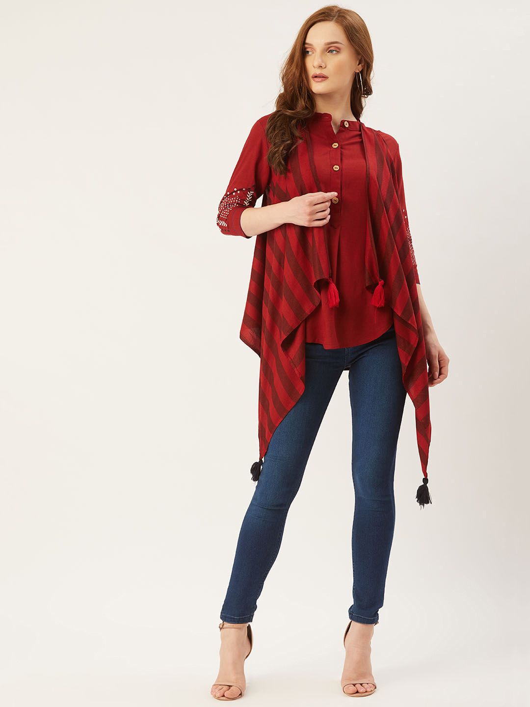 Monte Carlo Women Red Striped Open Front Shrug Price in India