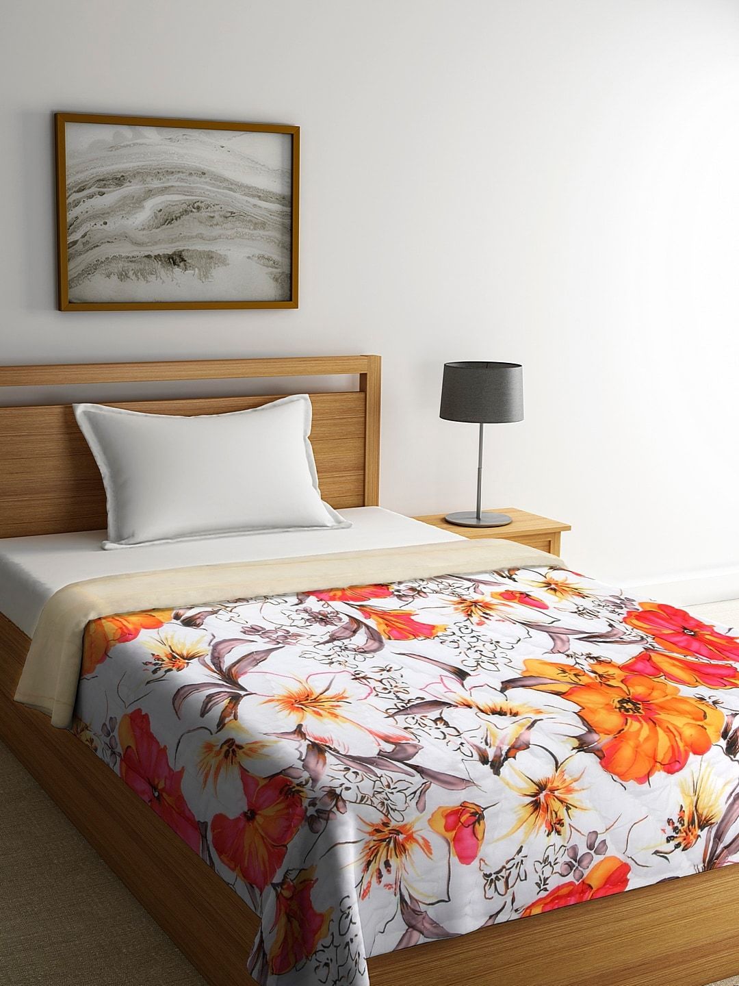 REME White & Orange Floral AC Room 150 GSM Single Bed Quilt Price in India