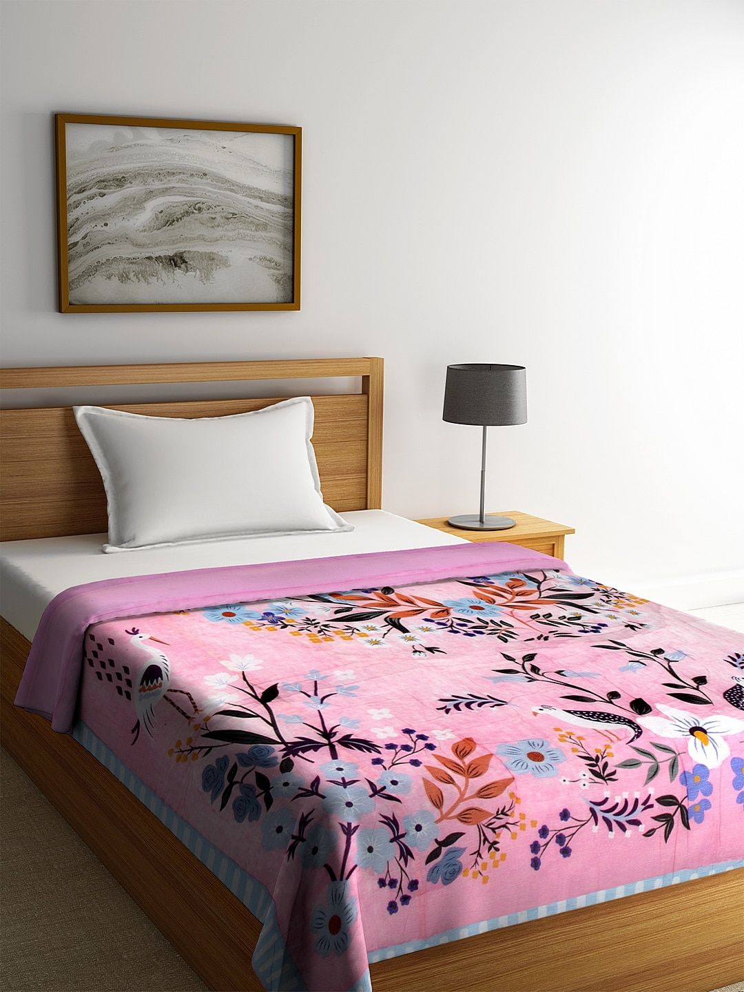REME Pink & Blue Floral AC Room Organic Cotton 150 GSM Single Bed Quilt Price in India