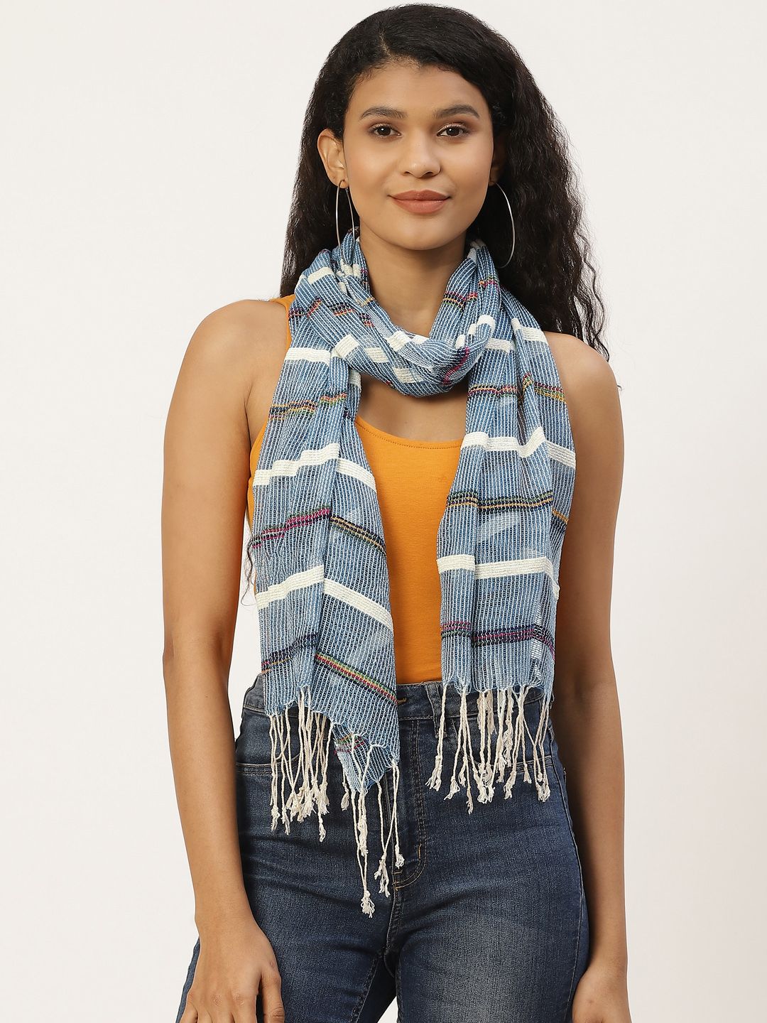 Trend Arrest Women Blue & White Striped Scarf Price in India