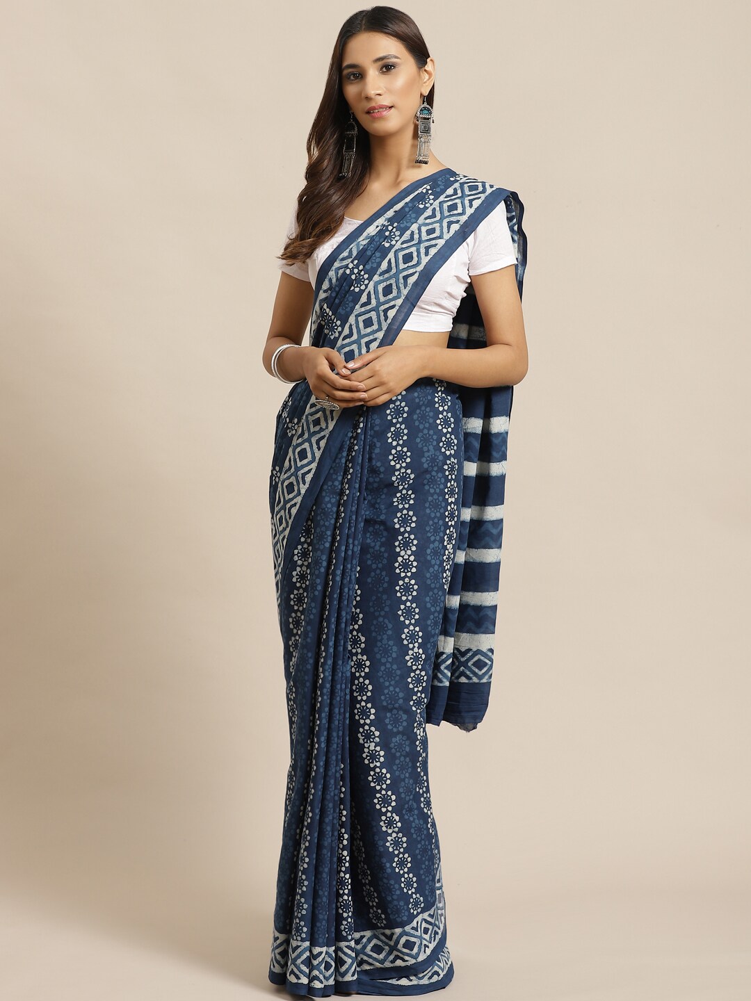 Libas Blue & White Pure Cotton Printed Saree