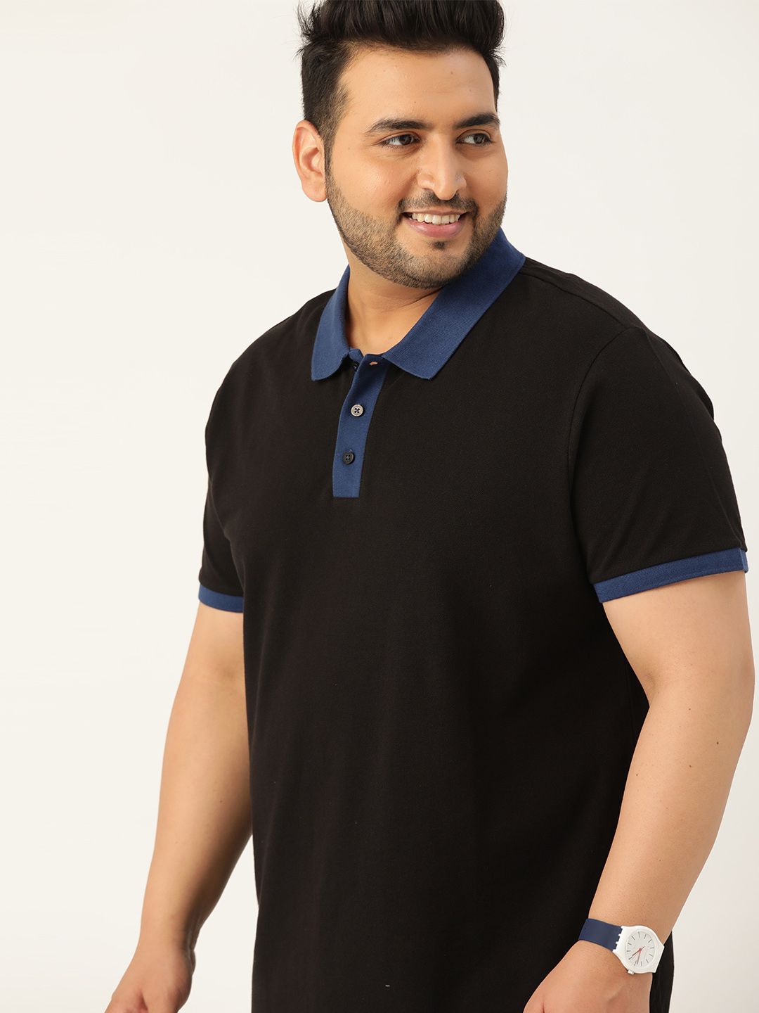 Sztori Men Plus Size Black Pure Cotton Solid Polo Collar T-shirt