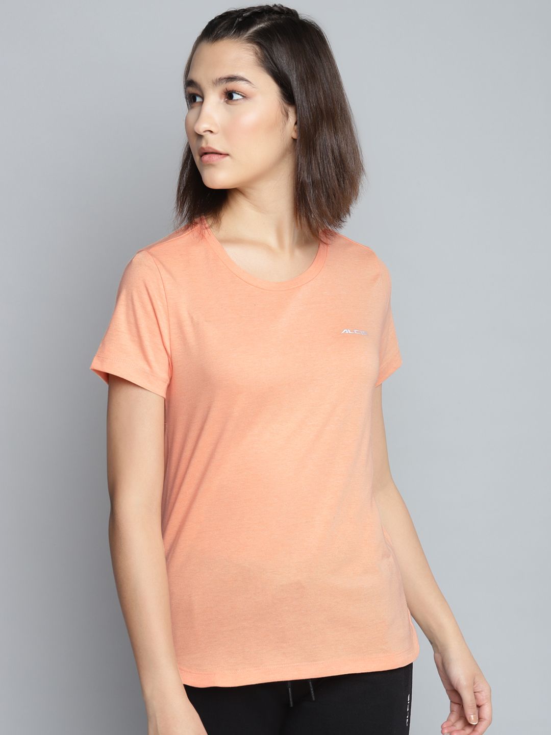 Alcis Women Peach-Coloured Slim Fit Solid Round Neck T-shirt Price in India