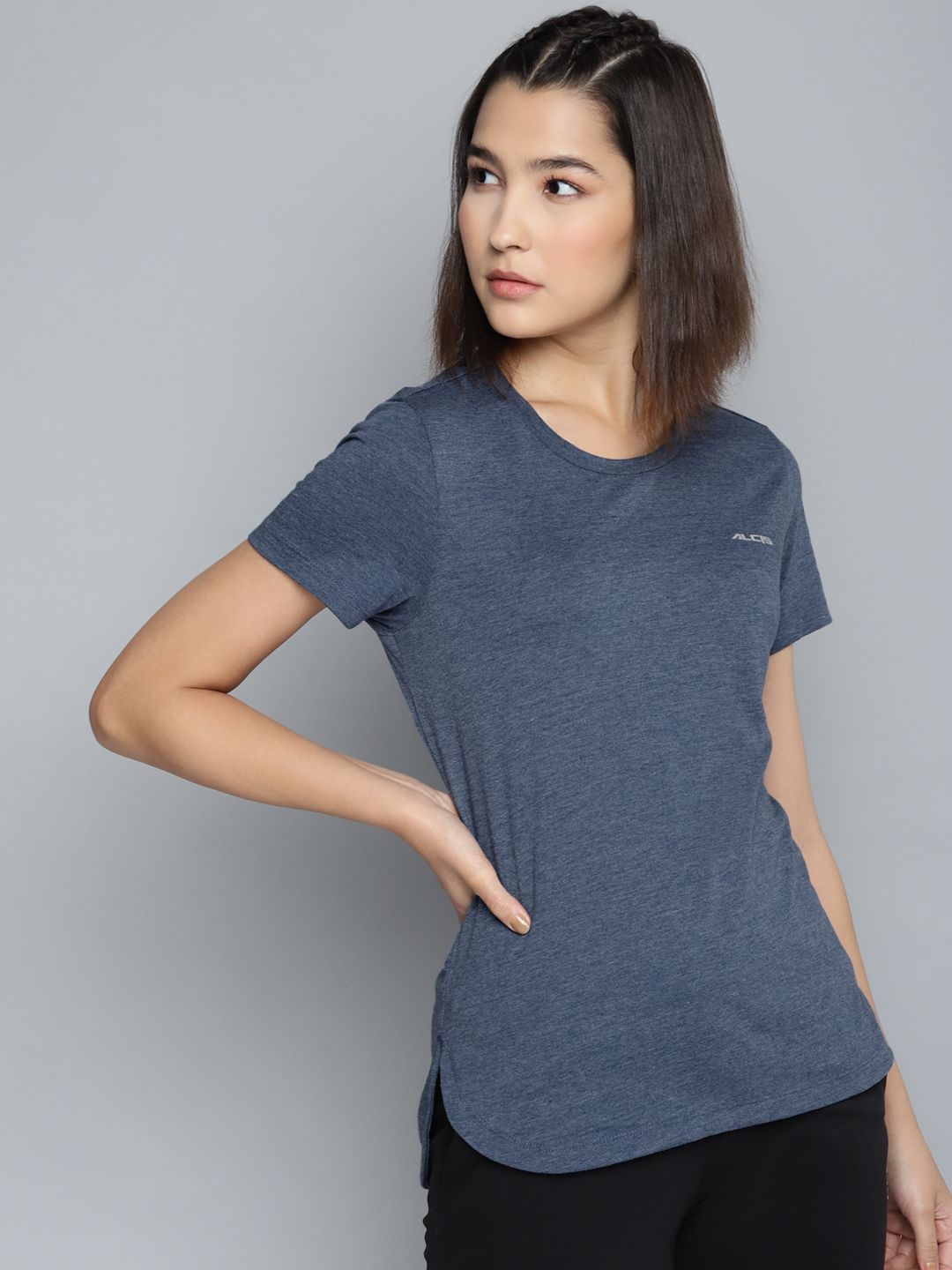 Alcis Women Navy Blue Slim Fit Solid Round Neck T-shirt Price in India