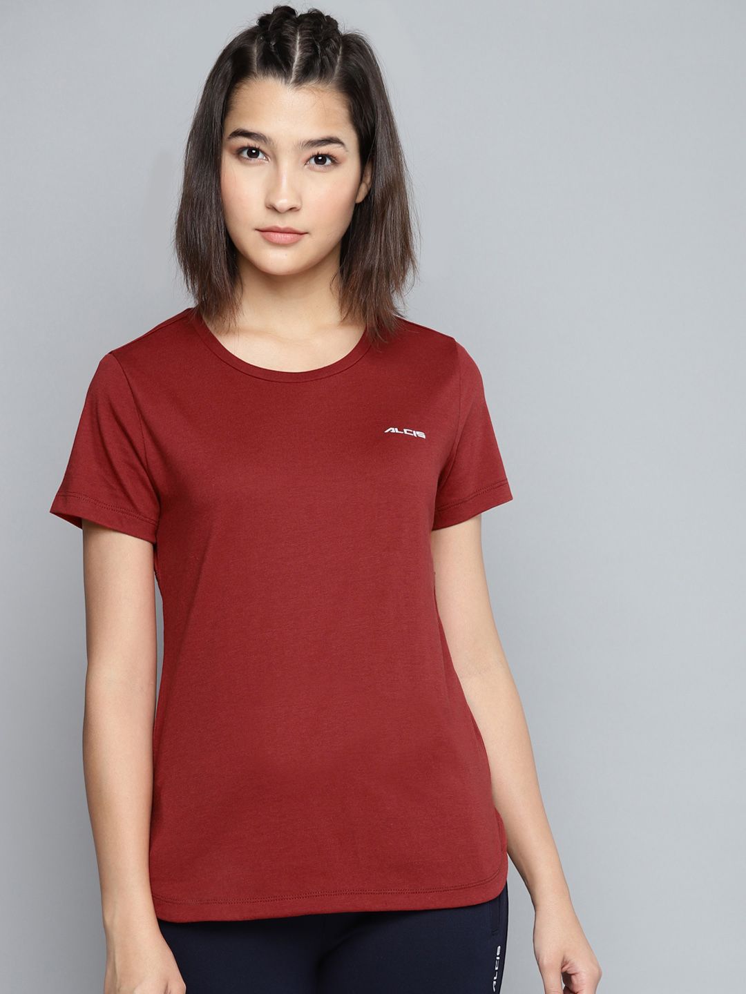 Alcis Women Maroon Slim Fit Solid Round Neck T-shirt Price in India