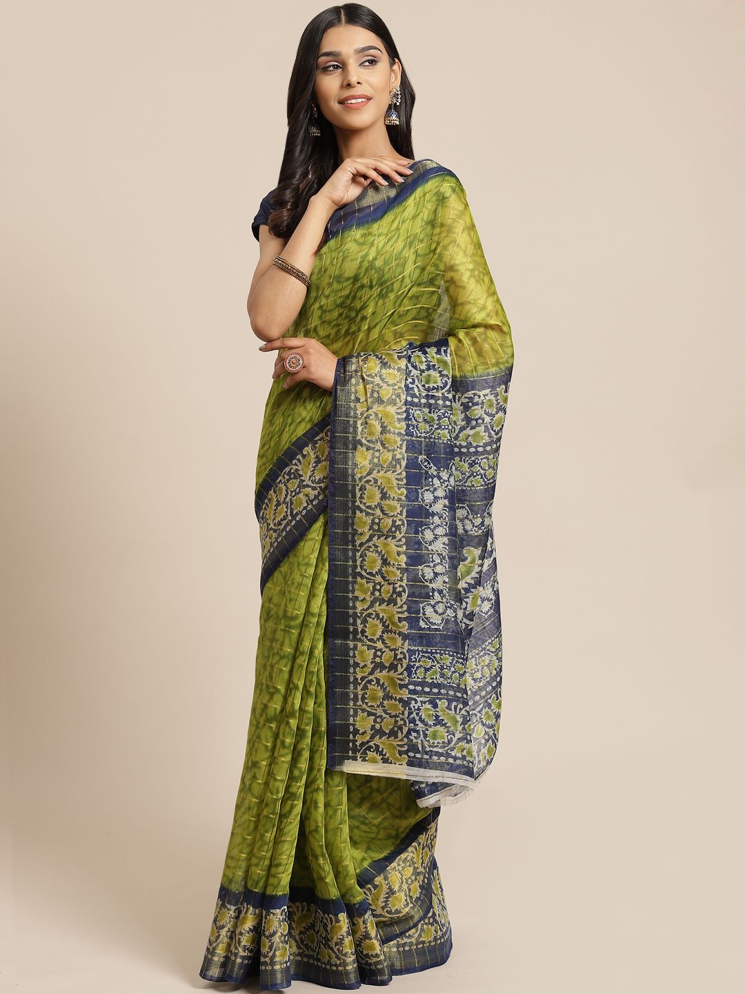 KALINI Navy Blue & Green Printed Saree