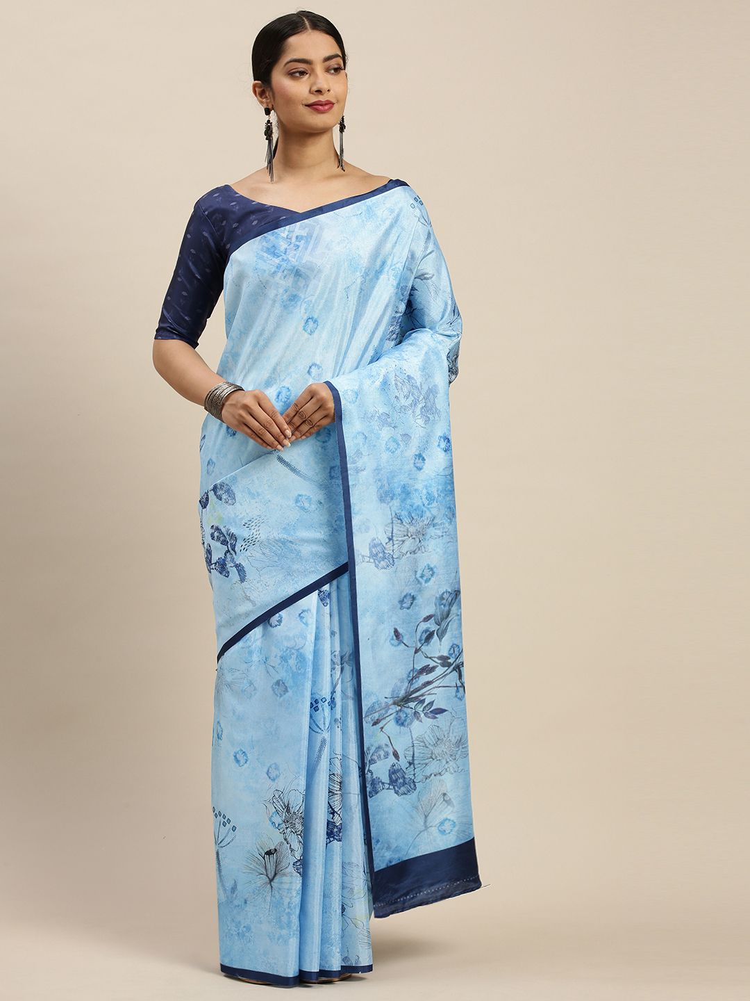 Saree mall Blue Floral Print Dola Silk Saree Price in India