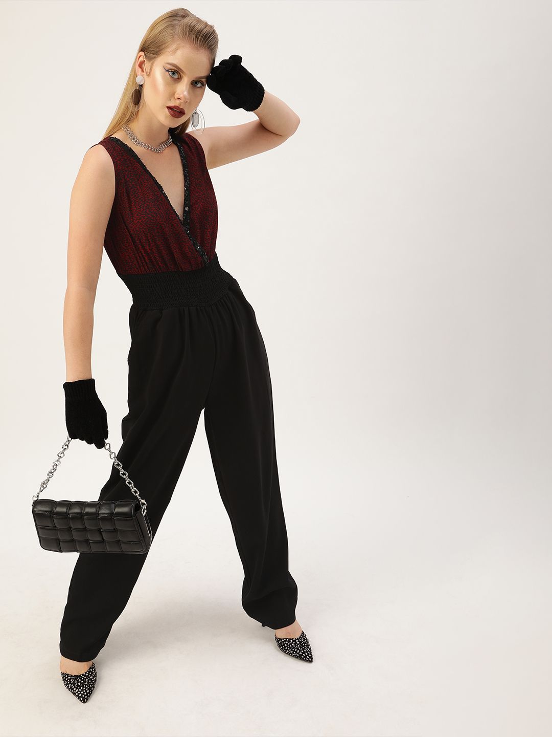 Antheaa Women Red & Black Printed Basic Jumpsuit Price in India