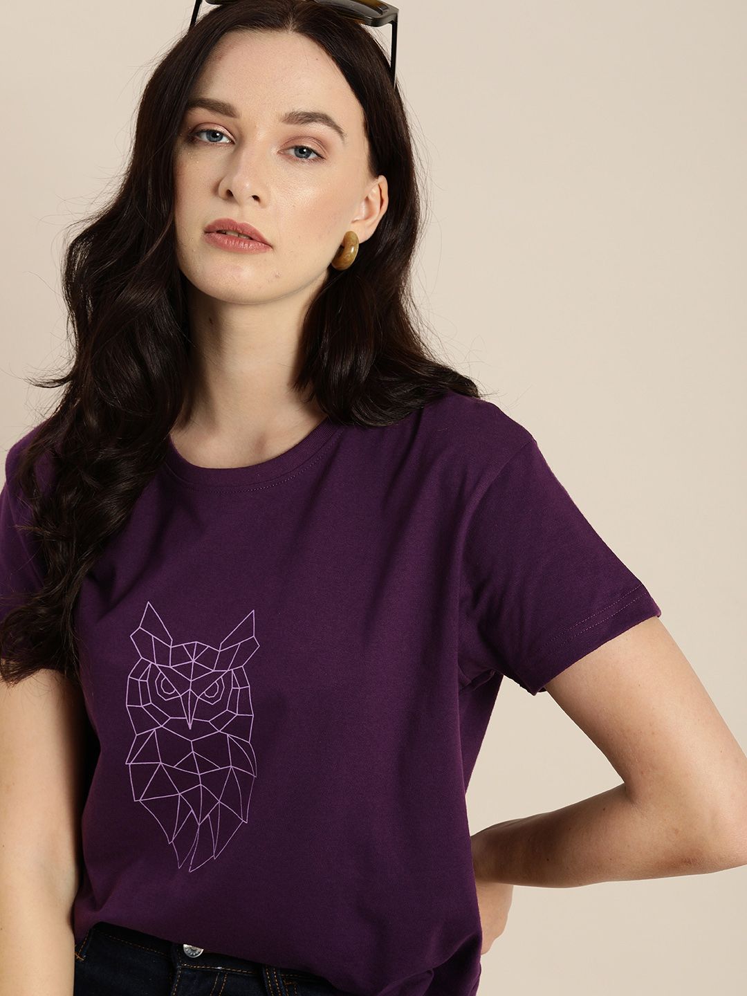 DILLINGER Women Purple Printed Round Neck Pure Cotton Boxy Regular Pure Cotton T-shirt Price in India