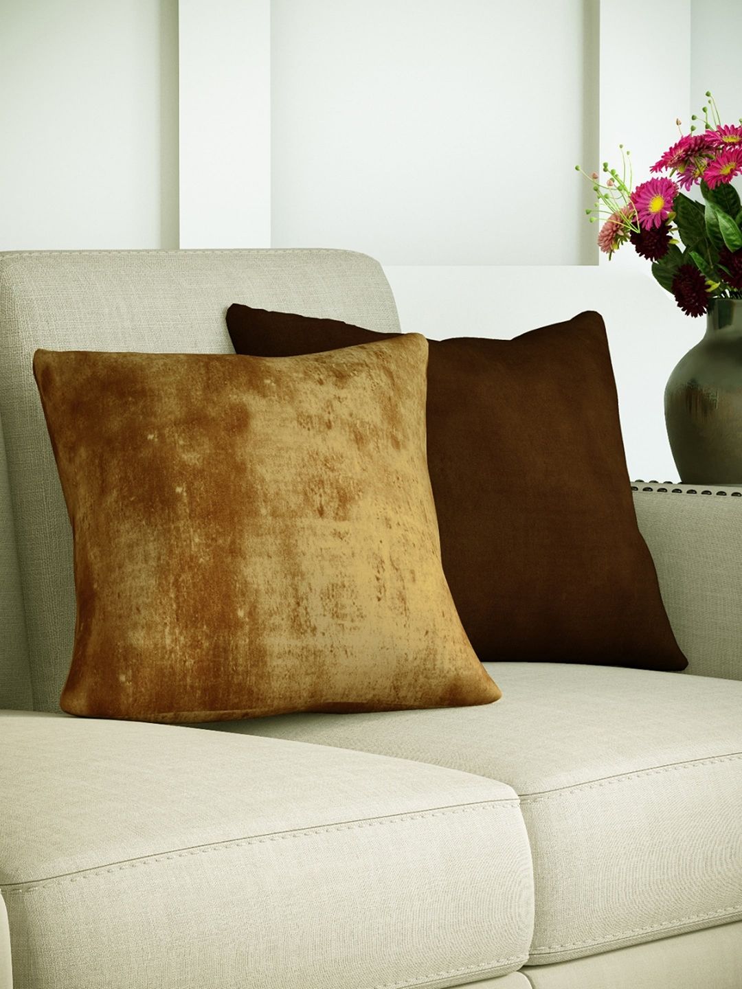 DDecor Gold-Toned & Brown Set of 2 Solid Square Cushion Covers Price in India