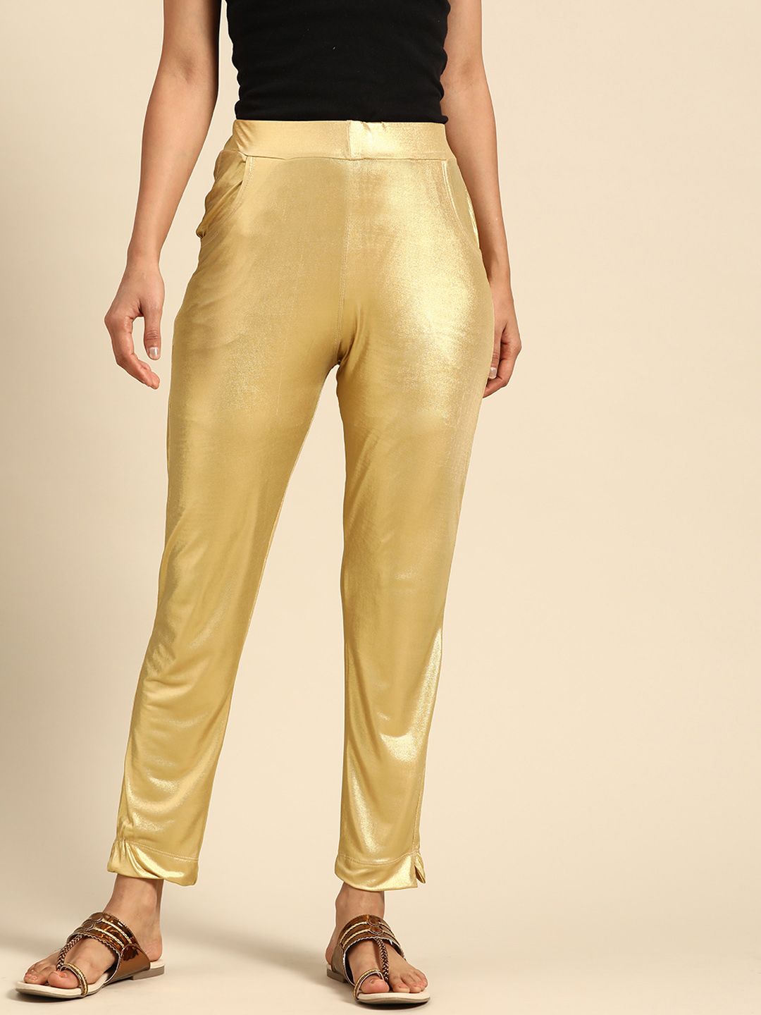 TAG 7 Women Golden Solid Ankle Length Sheen Leggings Price in India
