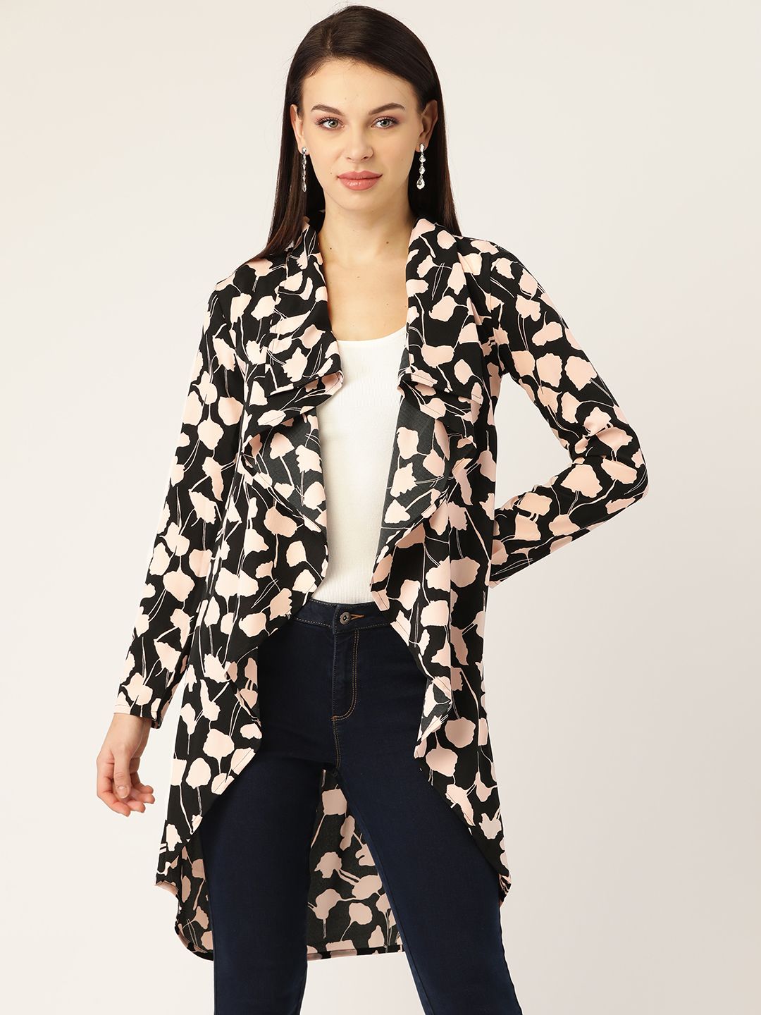Cottinfab Women Black & Pink Floral Print Open Front Shrug Price in India