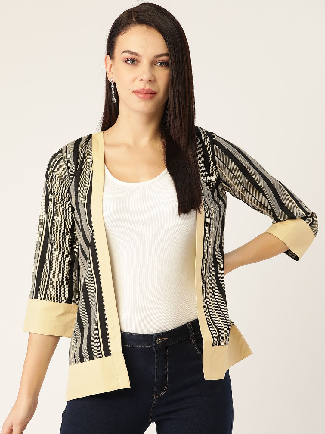 Cottinfab Women Black & Off-White Striped Open Front Shrug Price in India